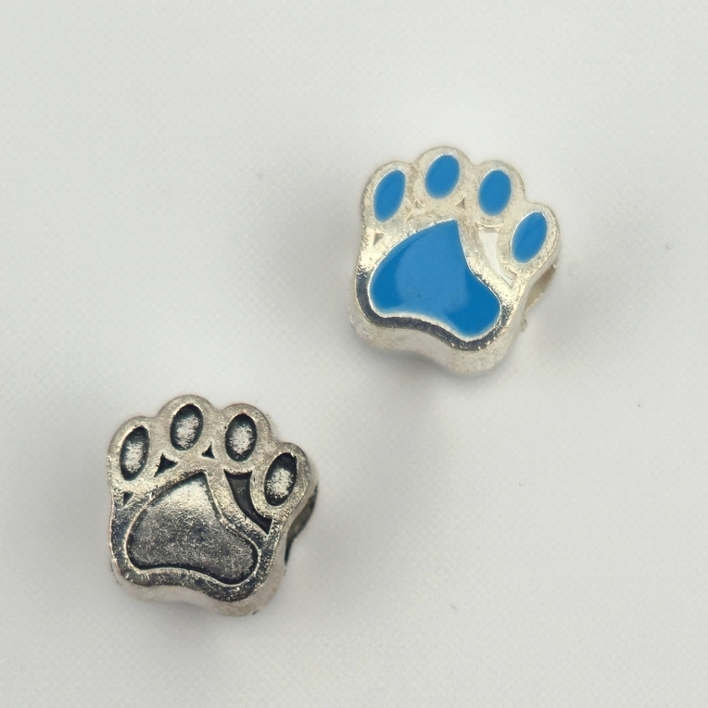 Set of 2 Dog Paw European Charm Beads Silver Tone Blue Enamel Pet Jewelry